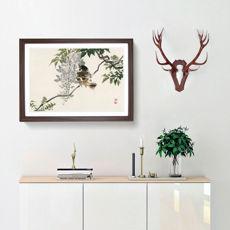 Sparrow on a Branch by Kono Baireir - Picture Frame Painting Print, 27cm H x 36cm W x 2cm D, Walnut Framed