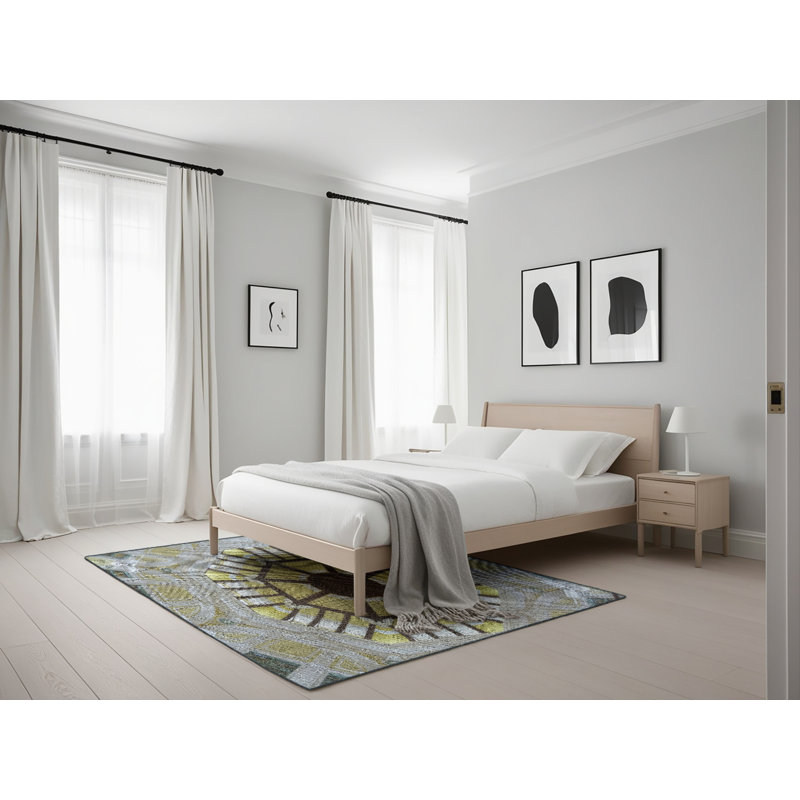 Tapis gris/jaune/brun à motifs, Rectangle 5 pi x 7 pi