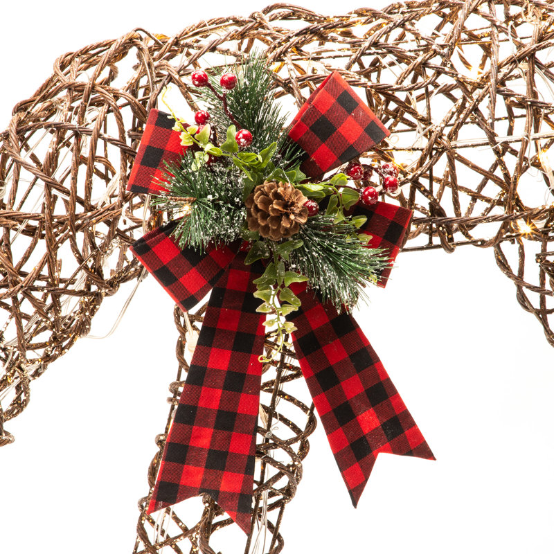 Rattan Grazing Reindeer with Bow and LED Lights Décor