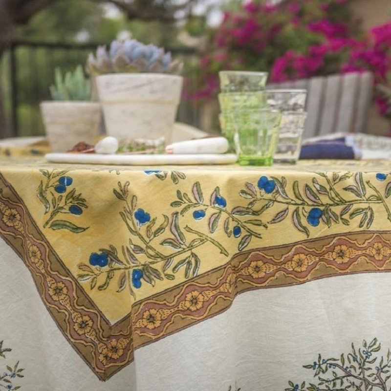 Dyess Handmade Floral Tablecloth, Gold-Blue, 59" W x 86" L