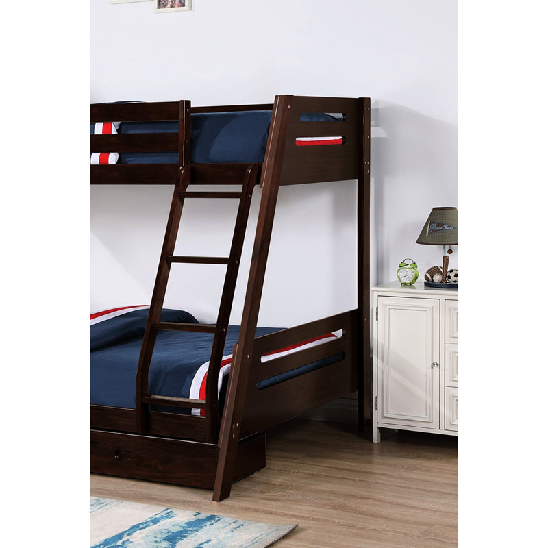 Lit superposé de style transitionnel, fabriqué en bois massif, accès frontal réversible, 2 tiroirs sous le lit avec poignées, lattes pour une surface de sommeil de soutien de Angled Pleasant