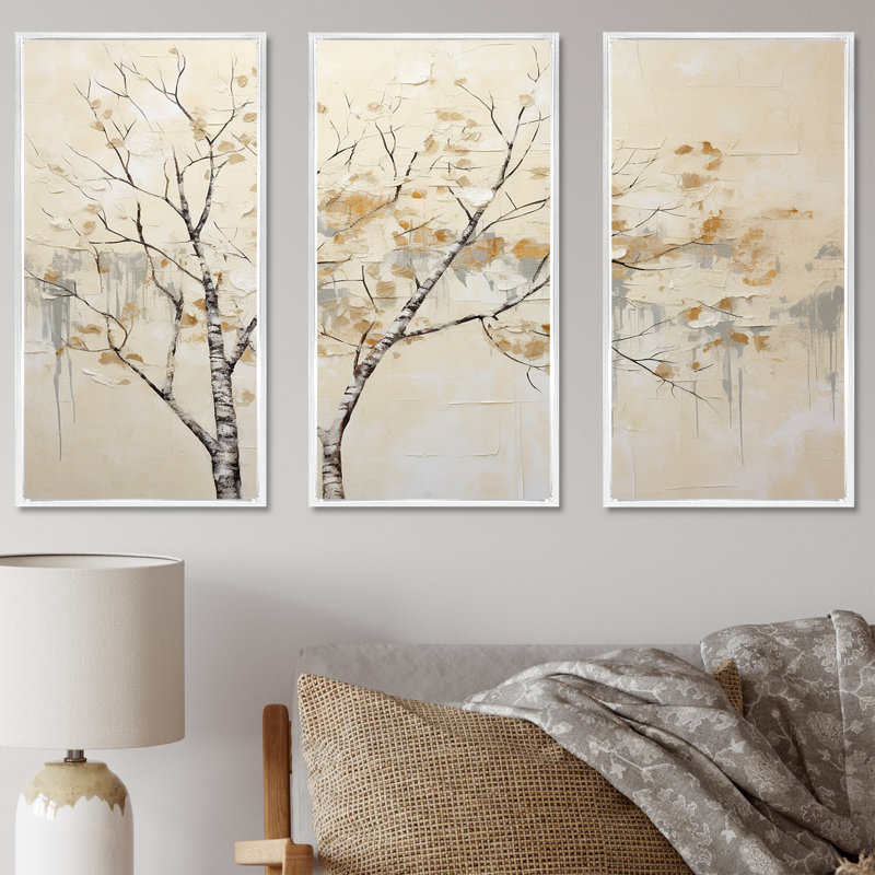 Arbres beiges Harmony I - ensemble d'art mural arbre, H 28 po x l 36 po x P 1 po, Cadre flottant blanc