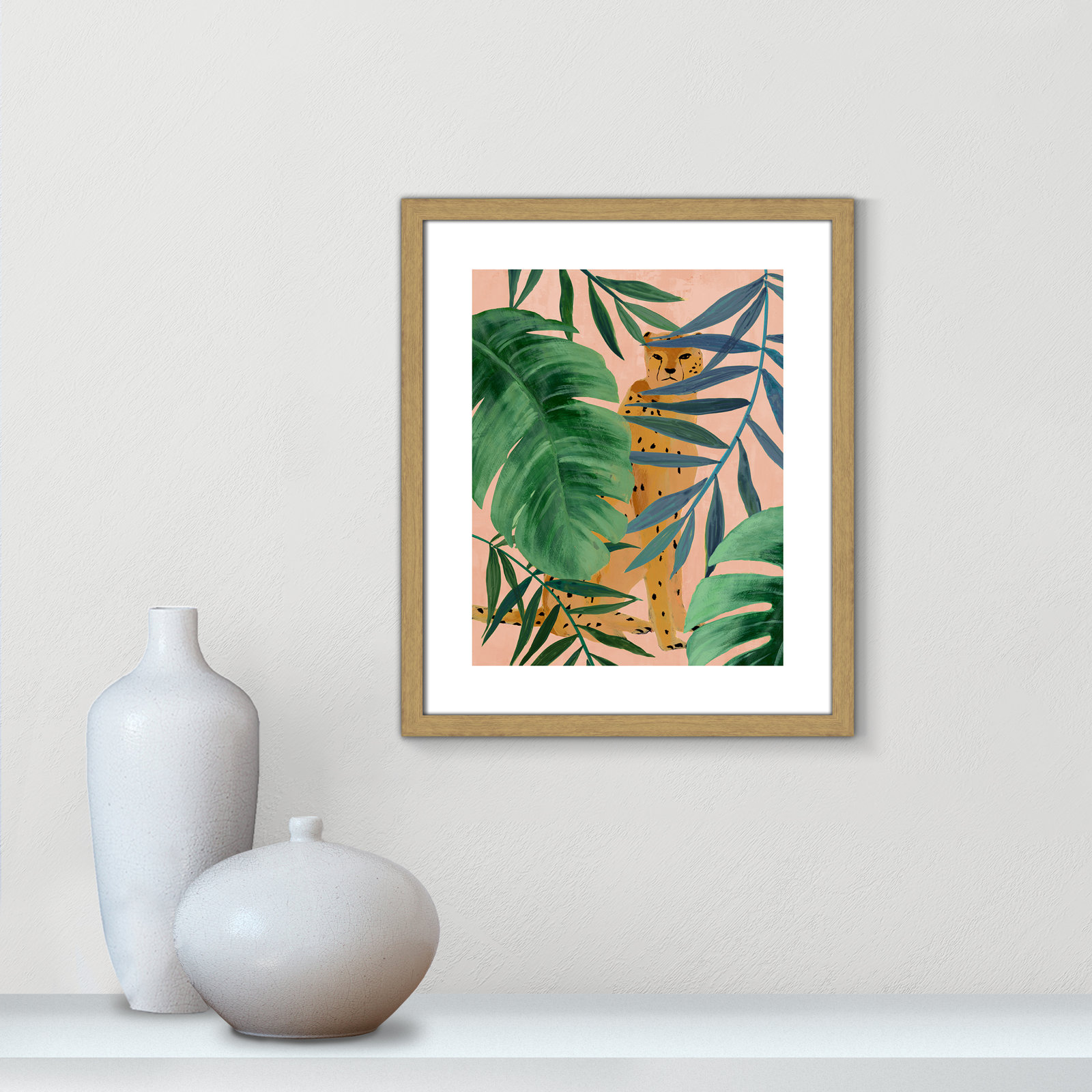 Silent Jungle - Painting Print, Beige Wood Framed Paper, 19" H x 16" W x 0.75" D