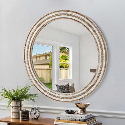 Miroirs décoratifs ronds en bois pour la décoration murale, miroir rustique circulaire pour chambre à coucher, salle de bain, salon, miroir d'entrée pour la maison et le bureau avec perles