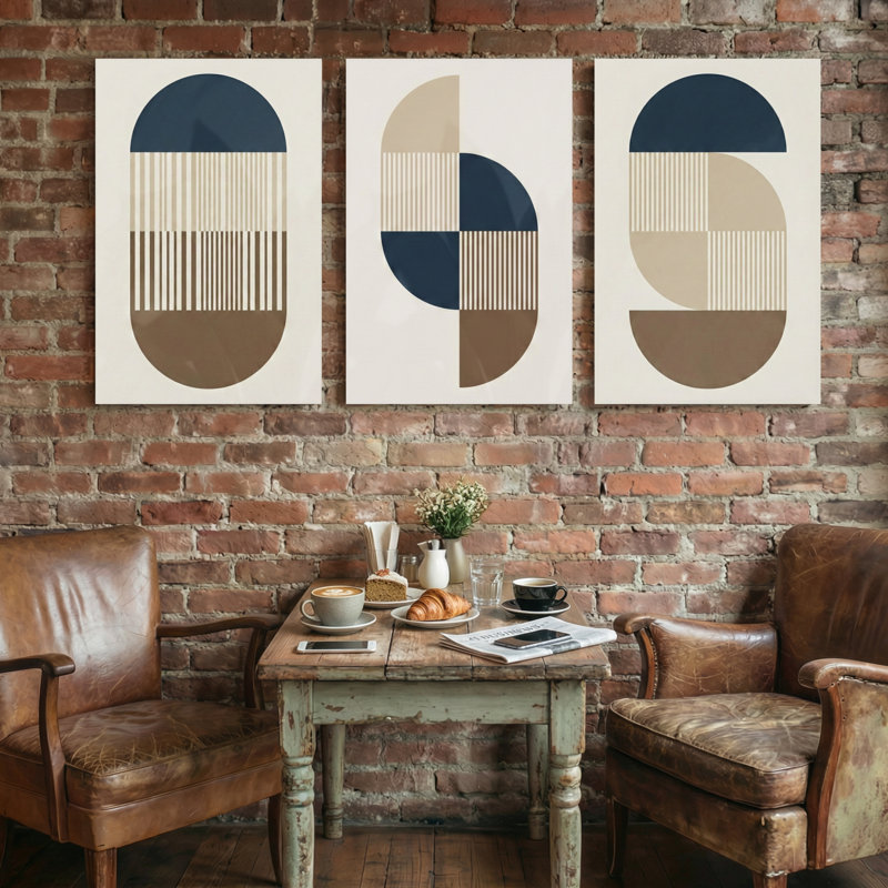 Abstrait abstrait géométrique avec rayures et cercles, ensemble de 3 impressions sur toile, 24” H x 48” W