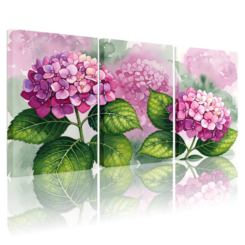 Tableau aquarelle floral d'hortensia sur toile tendue (lot de 3), H 24 po x l 48 po