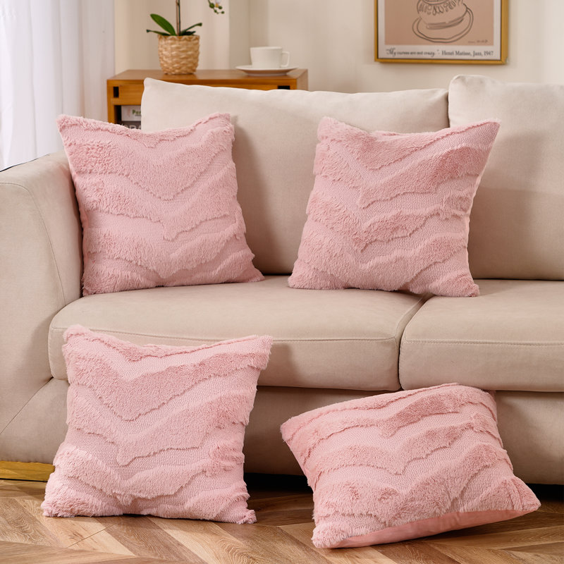 Jeté en fausse fourrure Ellen, 18 po x 18 po, Polyester / bourre de polyester, Rose