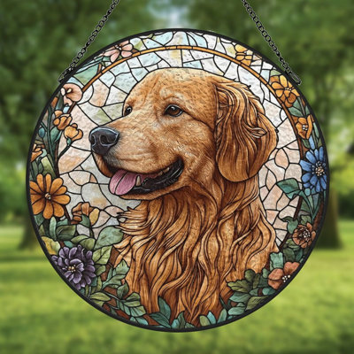 Golden Retriever In Floral Stained Glass Stained Glass Panels Suncatcher for Window Decor