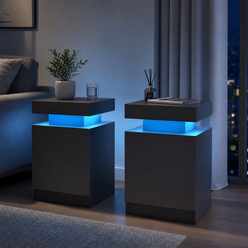 Nightstands with LED Light (Set of 2), Modern Side Table for Bedroom, Living Room, Black