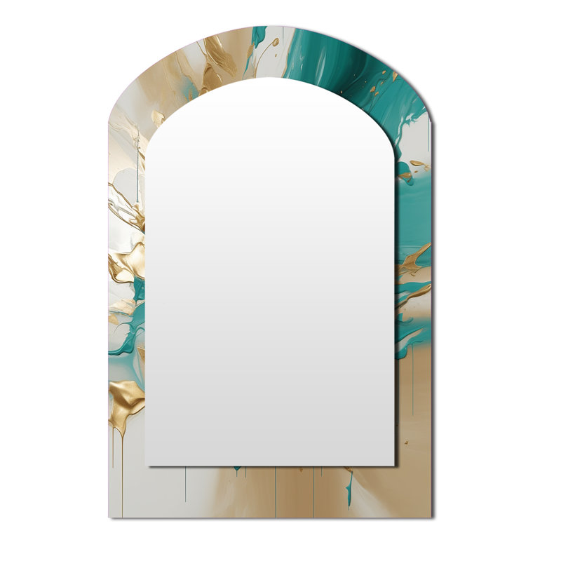 Gold And Turquouse Marble Fuild Ink - Marble Asymmetrical Decorative Wall Mirror, Modern Arch Mirror, Printed Metal Art