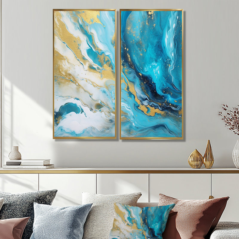 Turquoise Gold Infused Marble III - Modern Wall Art 2-Panels, 20" H x 24" W, Floater Framed Print, Gold