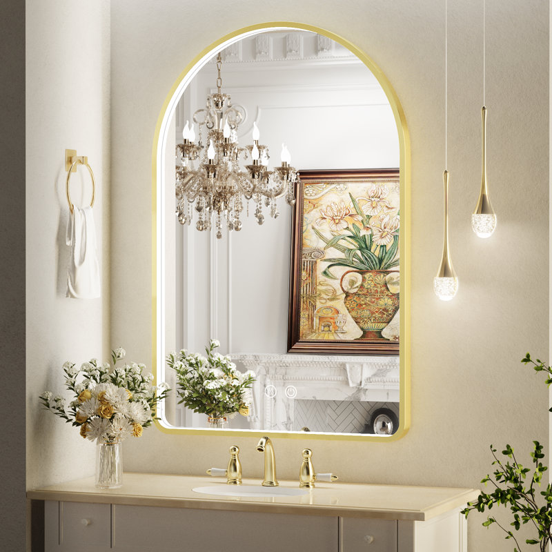 LED Bathroom Mirror with Lights, Arched Lighted Vanity Mirror with Anti-Fog, Memory Function,Dimmable, Golden, 40" x 30"