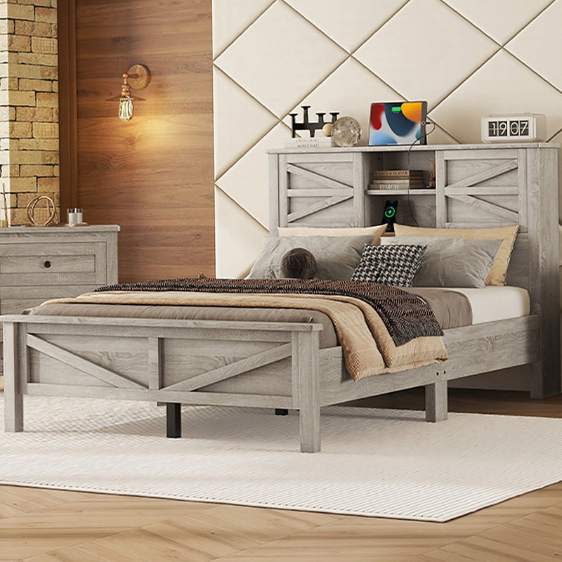 Ensemble de chambre à coucher 3 pièces avec lit plateforme double ferme avec tête de lit double à porte coulissante, Double