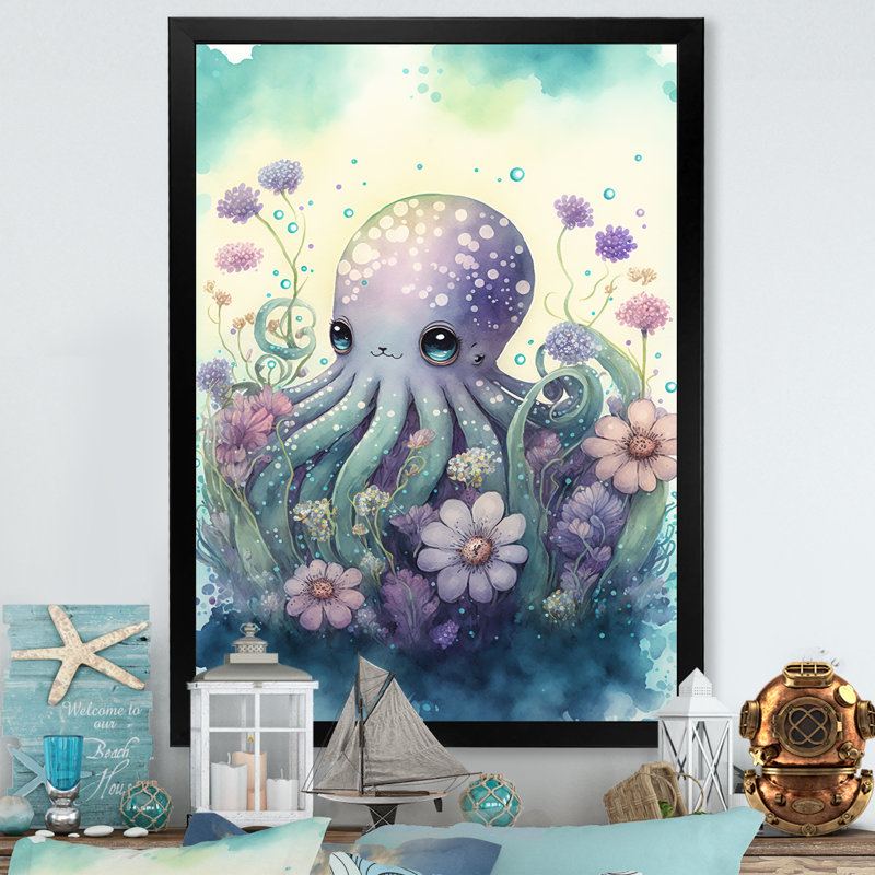 Kauva, mignon petit bébé pieuvre entouré de fleurs I - reproduction sur toile, L 16 po x H 32 po, Cadre photo noir