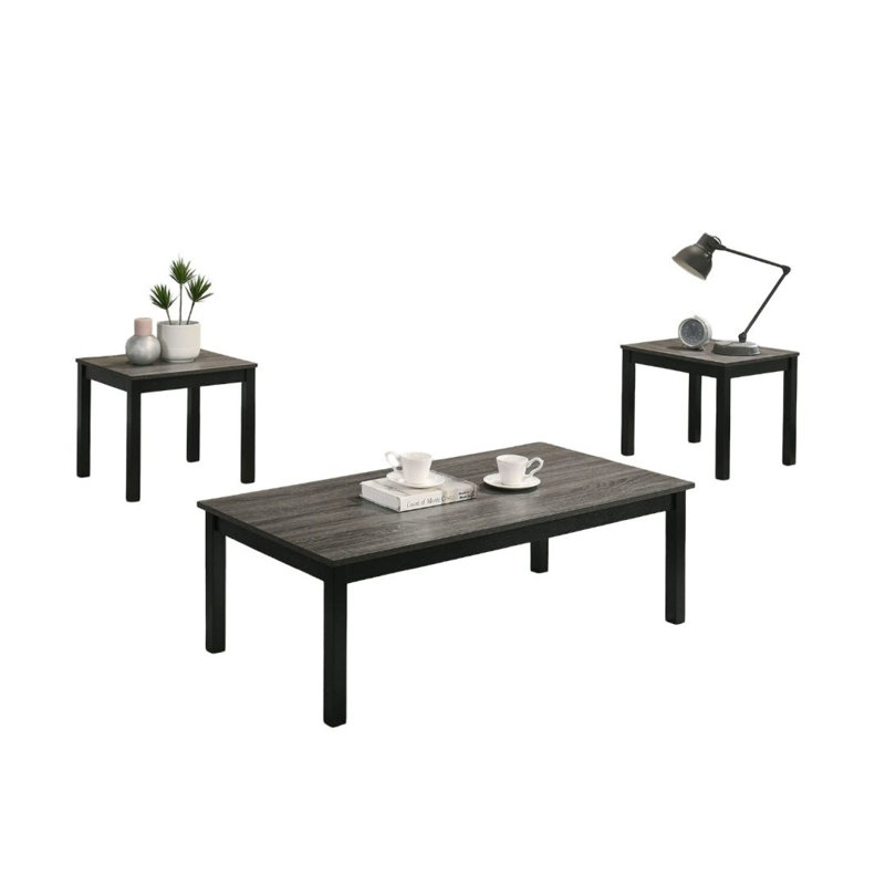 Ensemble de table 3 pièces de style contemporain à finition grise 1 table basse 2 tables de bout en faux marbre avec pieds en bois