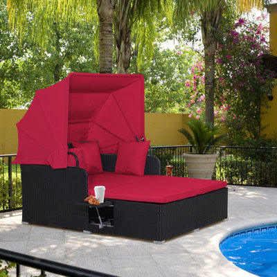 Outdoor Daybed with Retractable Canopy PE Rattan Sunbed with Soft Cushions & Pillows 2 Folding Side Trays