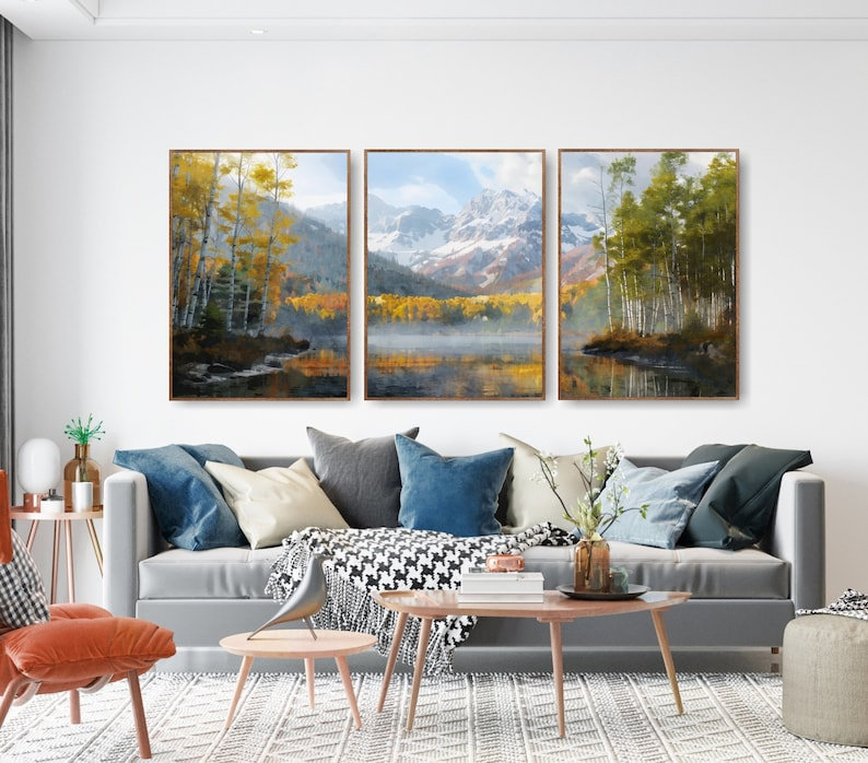 Colorado Photography Print - Aspen, Extra Large Set of 3 Mountains Watercolor Posters, Wrapped Canvas