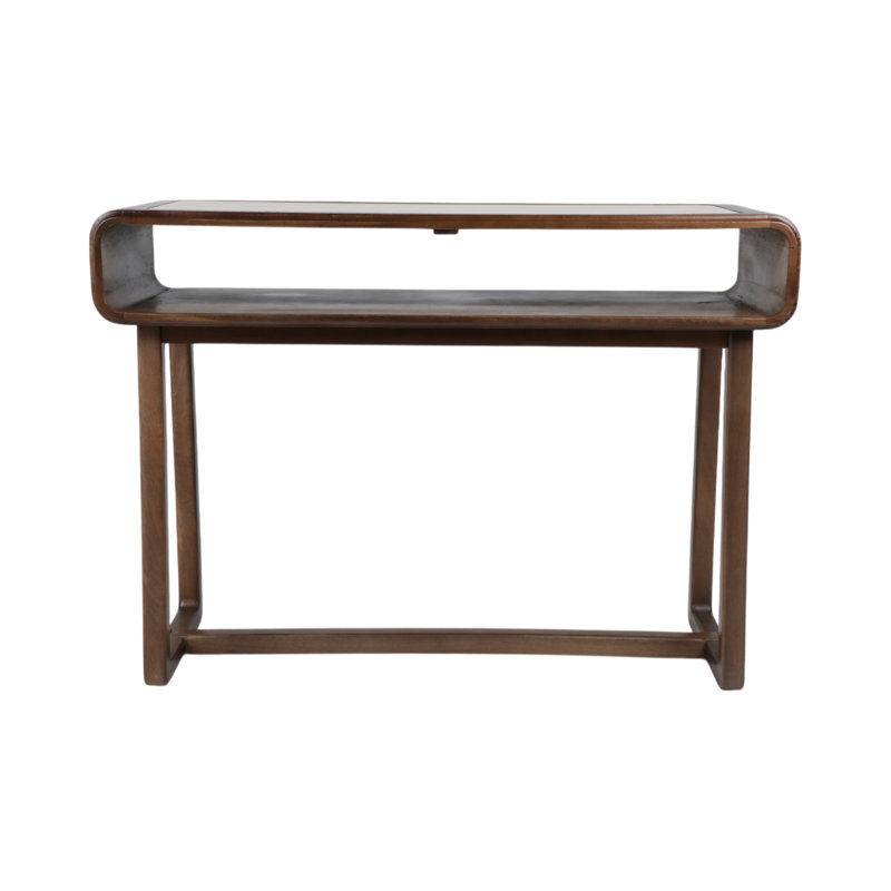 Modern Mango Wood & Travertine Console Table With Open Shelf And Sleek Curved Design