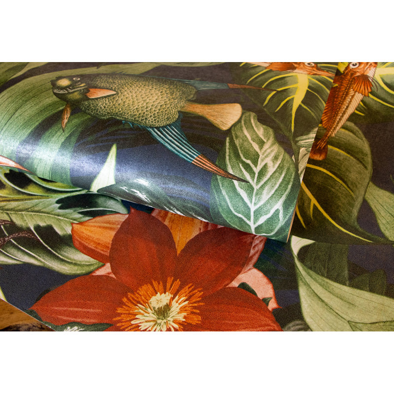 Matamoros Palau Floral Fish And Bird Inspired 8.5 m x 70cm Wallpaper Roll, Blueberry
