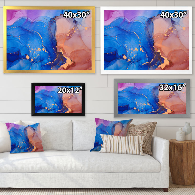 Art liquide bleu et orange I - reproduction sur toile, H 30 po x l 40 po x P 1,5 po, Cadre photo argenté