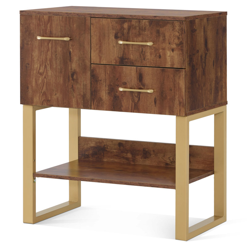 Quintonio Modern Console Table with Drawer, Storage Cabinet and Shelf, Rustic Brown, Gold