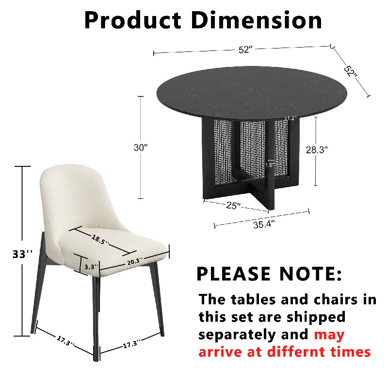 Ensemble de chaises de table rondes en bois, Noir, H 30 po x L 52 po x l 52 po