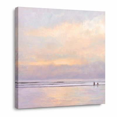Soft Pastel Coastal Horizon Square Canvas Wall Art, Pink Beige Ocean Painting