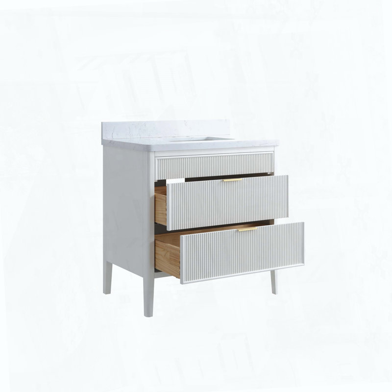 Freestanding Standard Single Vanity Bathroom Vanity With Engineered Marble Top, White, 36"