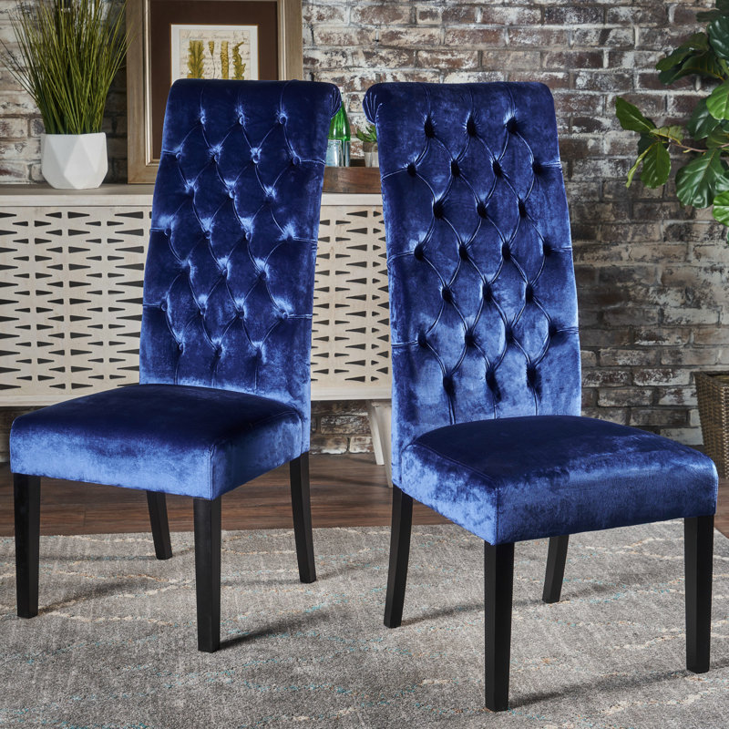 Ensemble de 2 chaises de salle à manger Marie, bouleau, velours bleu marine à haut dossier