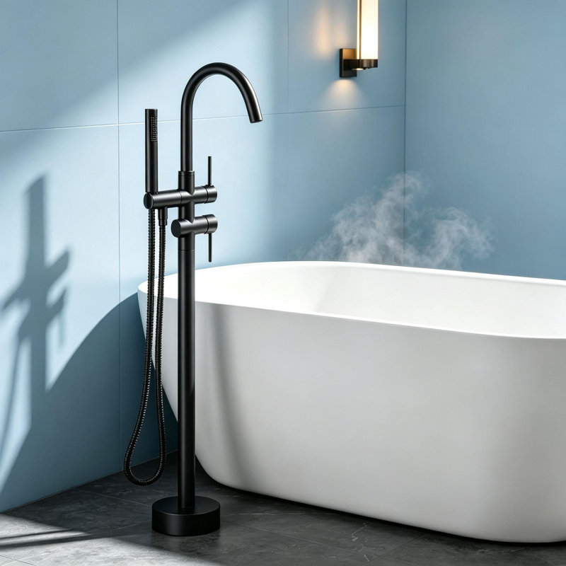Robinet de baignoire à fixation au sol avec pomme de douche à main Topcraft, Noir mat