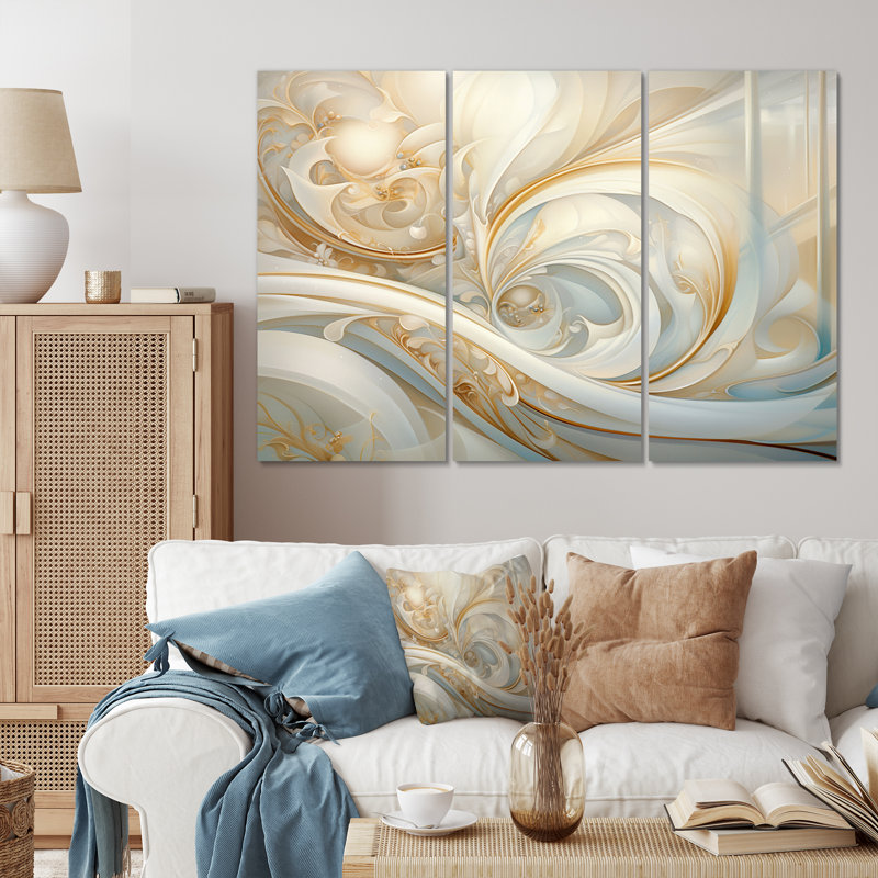 «Tender Whirling White Illustration IV» sur toile, reproduction de 3 pièces, H 40 po x l 60 po x P 1 po
