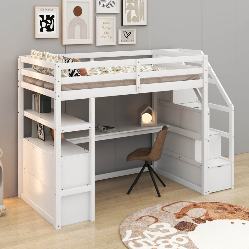 Lit mezzanine simple avec bureau et tablettes, Blanc