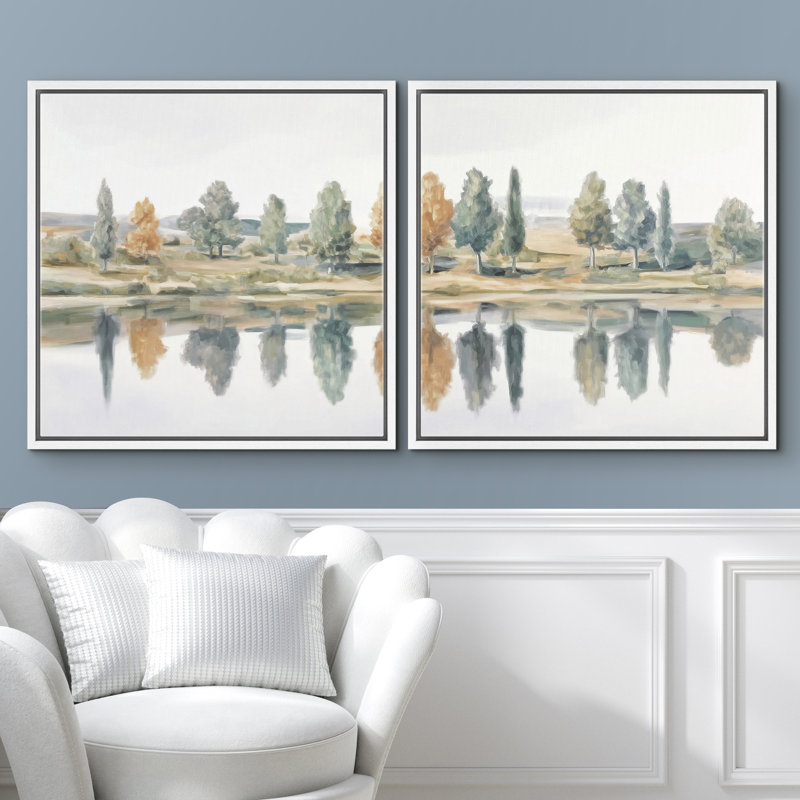 Doux automne arbres au bord du lac réflexion paysage mural encadré chambre à coucher principale, œuvre d'art 2 pièces