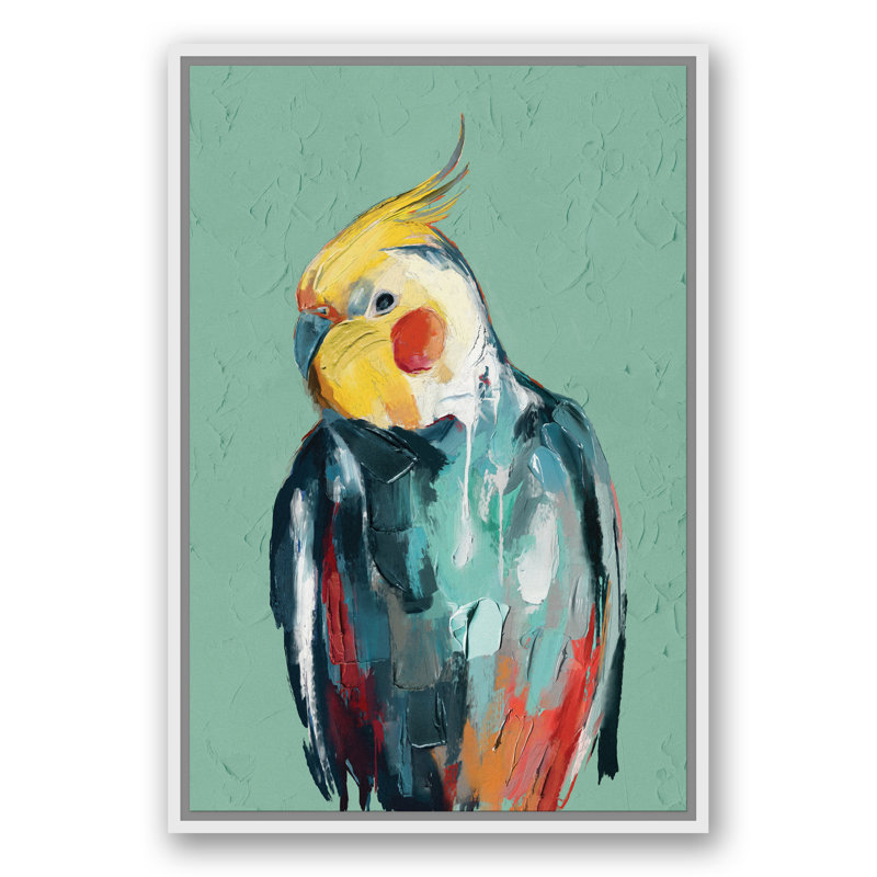 Cockatiel coloré - Peinture sur toile, H 31,75 po x P 21,75 po x P 1,75 po, Toile à cadre flottant blanc