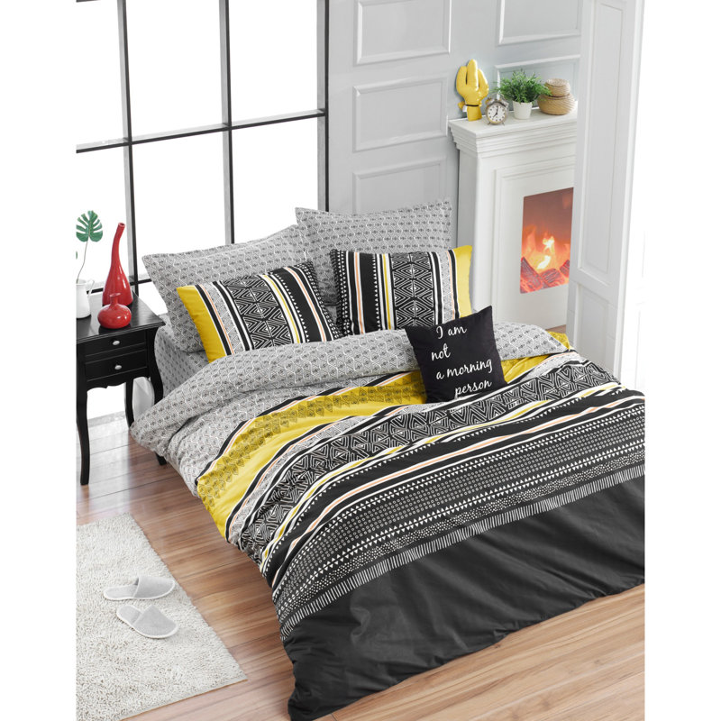 Ensemble de housse de couette 100% coton jaune / brun / gris Cheng, Housse de couette double TG + 2 taies d'oreiller 3