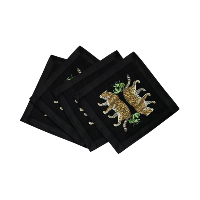 Leopard Seeing Double Hemstitch Cocktail 6" Linen/Cotton Napkin, Black