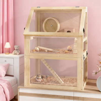 Cage à hamster en bois à 3 niveaux avec fond amovible