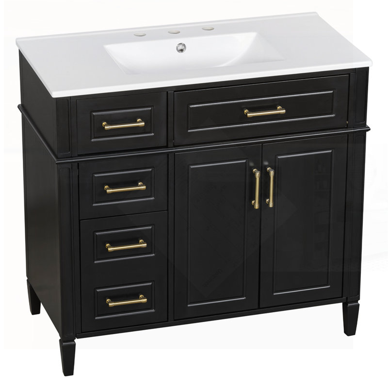 Élégant meuble-lavabo simple noir avec 4 tiroirs, 2 portes, une tablette réglable et un lavabo en céramique pour les salles de bain modernes