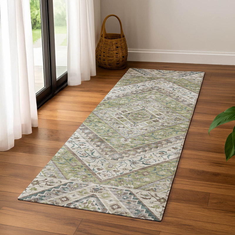Premium Machine Washable Mayfield AMF2195 geometric Rug, 2'3" x 7'6" Runner, Aloe