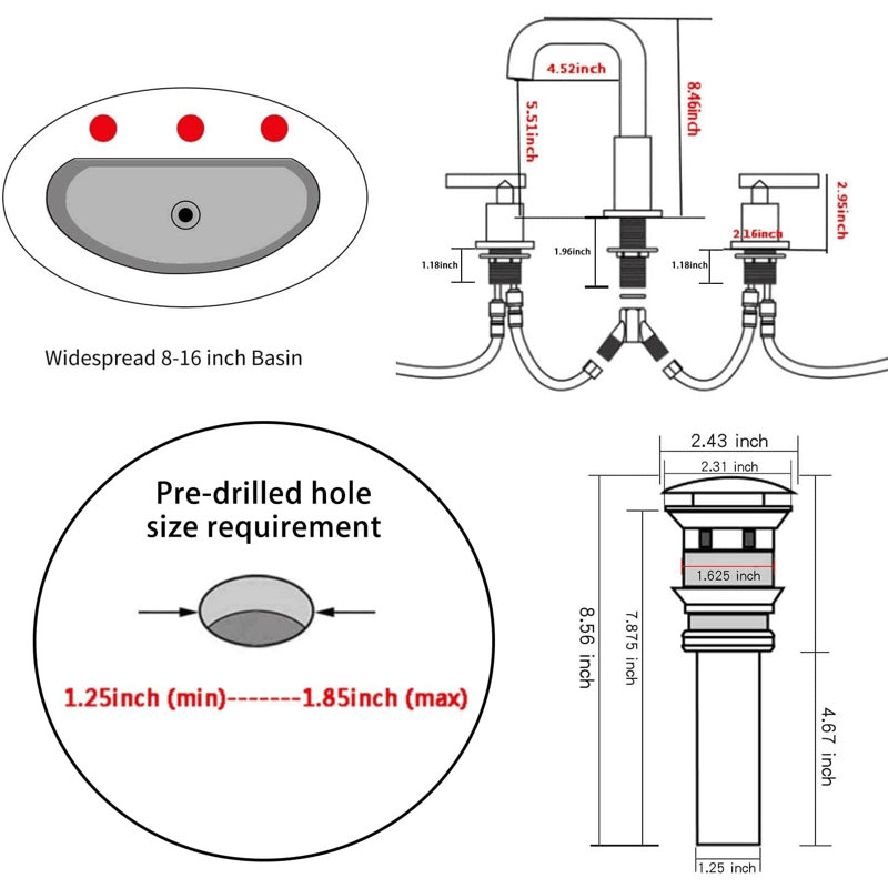 Robinet de salle de bain à large entraxe avec bonde, Chrome poli