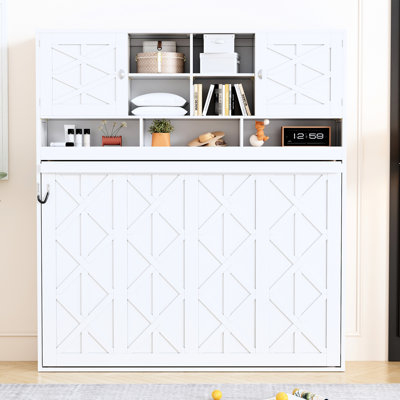 Lit mural White Diamond - Queen, avec grand espace de rangement et compatible avec un matelas de 15 à 20 cm d'épaisseur. Grands compartiments et design rayé.