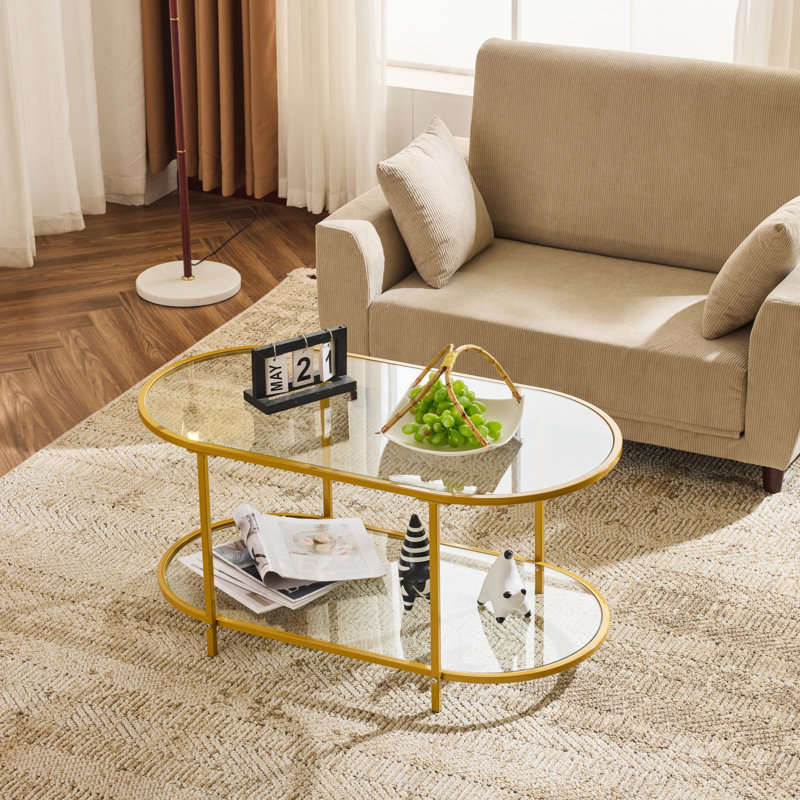 Oval Champagne Gold Iron Frame Paired with Transparent Glass Double-layer Coffee Table, Champagne Gold