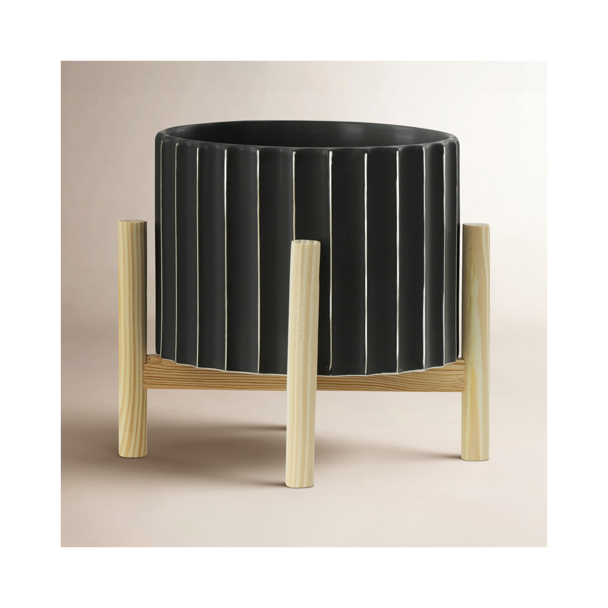 Ceramic Planter with Stand - Fluted Stoneware Pot and Pine Wood Base, Modern Decorative Plant Holder., 12" H x 10" W x 10" D