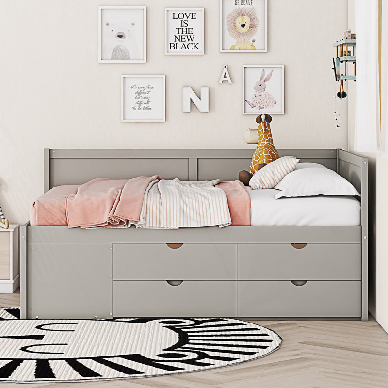 Lit de jour double avec tiroirs et tablettes, lit de jour, Gris