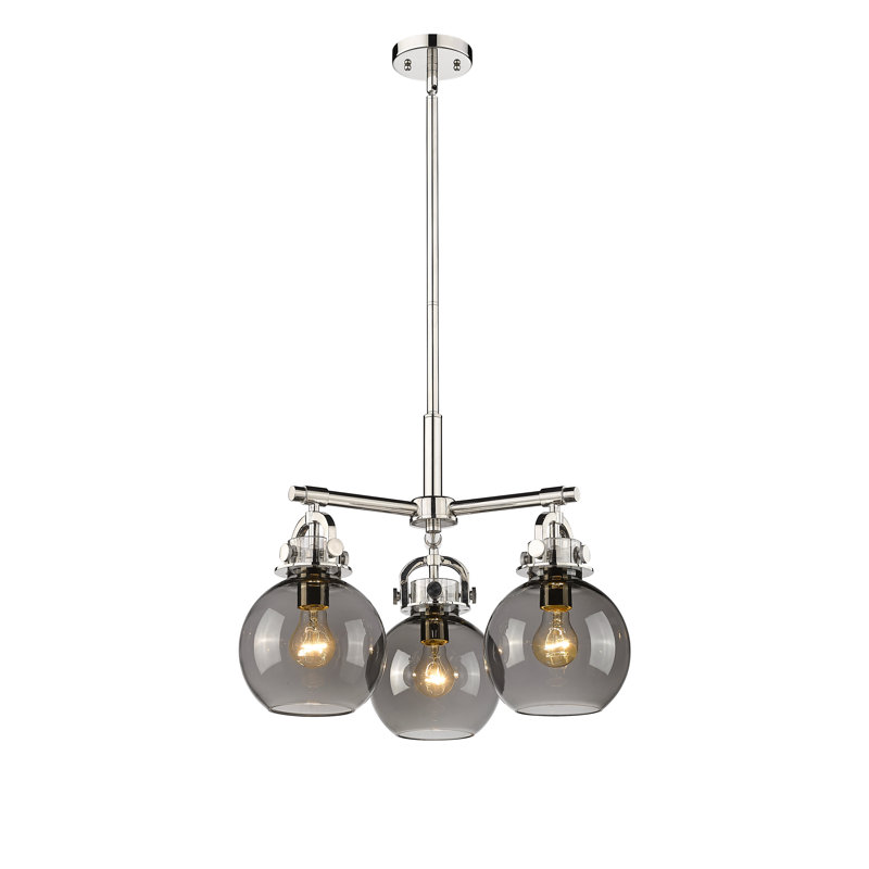 Luminaire suspendu sur tige 3 lumières Lantz, Plaqué couleur fumée, Nickel poli