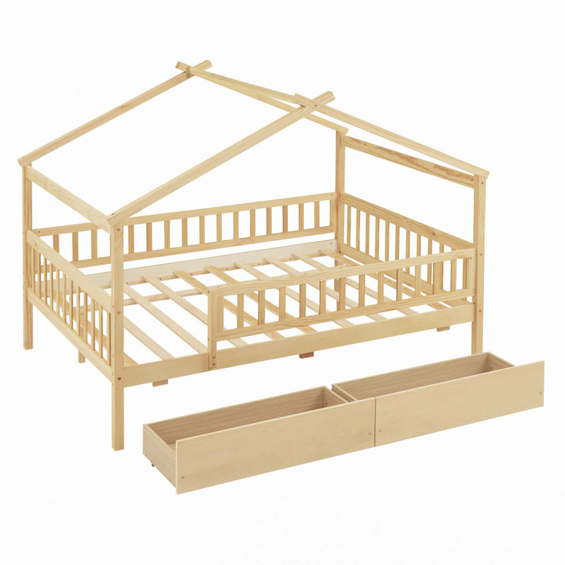 Wooden House Bed With Two Drawers, Natural, Full