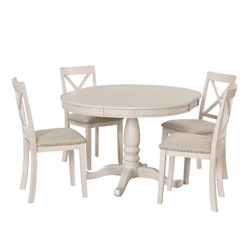Ensemble de table de salle à manger 5 pièces Kawliga, table de salle à manger extensible ronde en bois et 4 chaises rembourrées