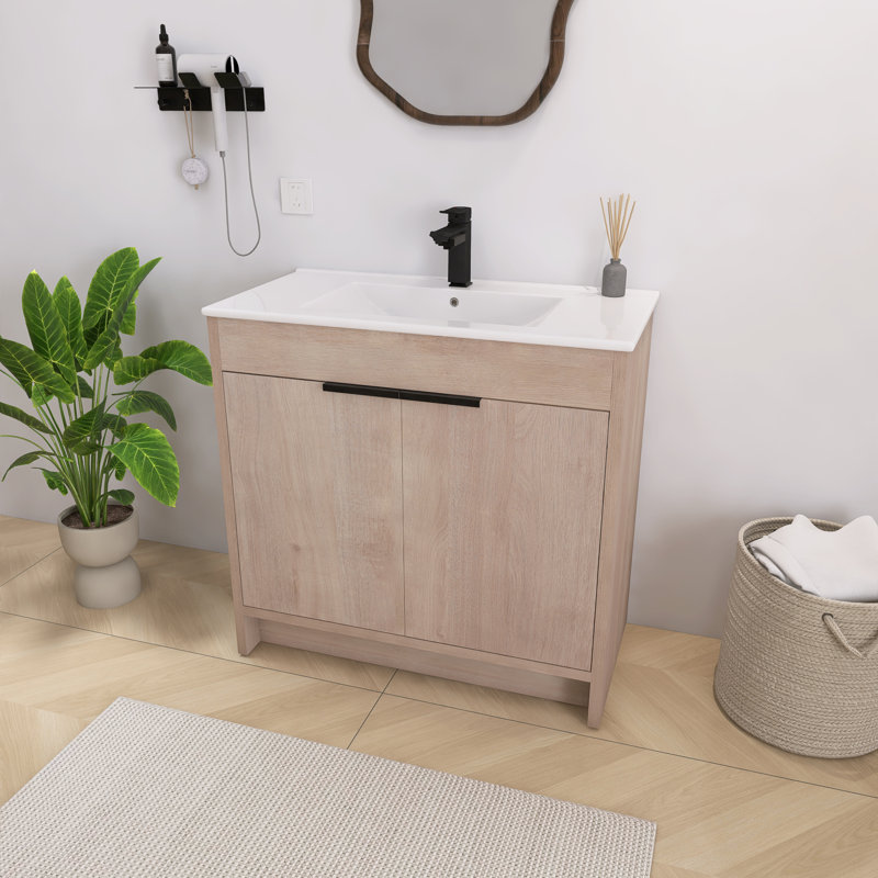 Freestanding Bathroom Vanity Single Sink, Ceramic Basin,2 Soft-Close Doors, White, 36"