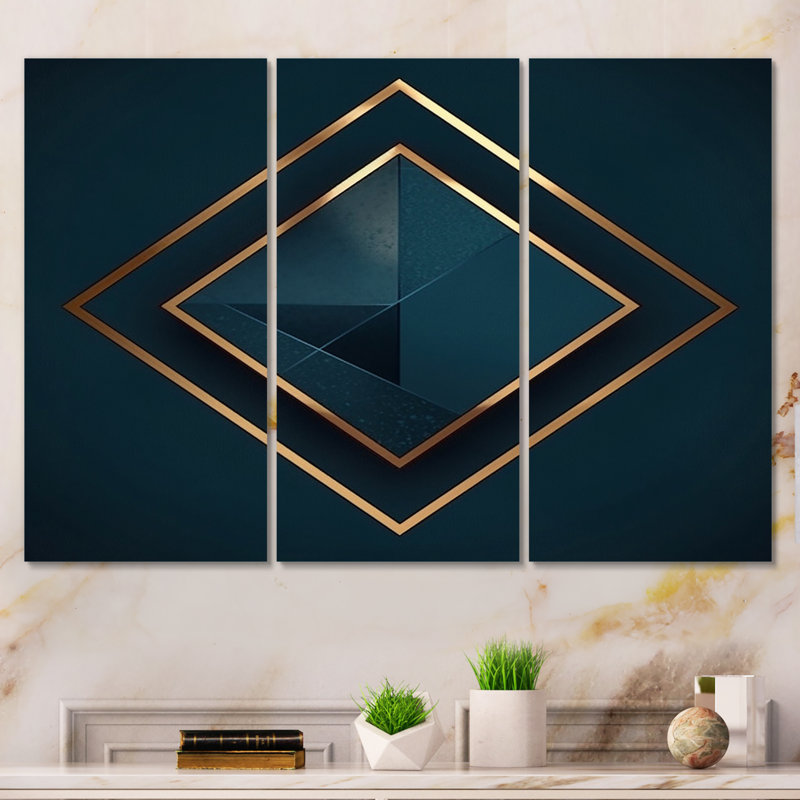 Rétro géométrie de diamant en bleu et or sur toile, 3 pièces, H 28 po x l 36 po x P 1 po