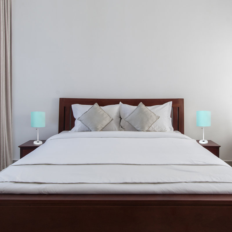 19.5" White Stick Table Lamp Set with Aqua Fabric Shades